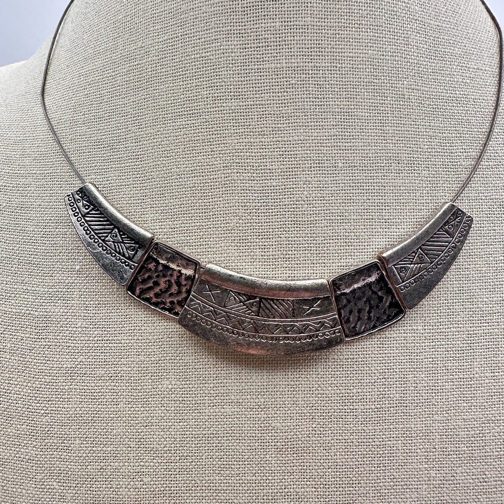 Vintage 70s Silver Tone Tribal Statement Choker Necklace Ethnic Artisan Jewelry